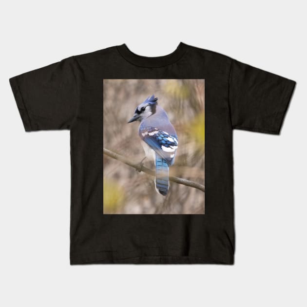 Blue Jay with brown and grey blurred background and green blurred leaves Kids T-Shirt by BirdsnStuff